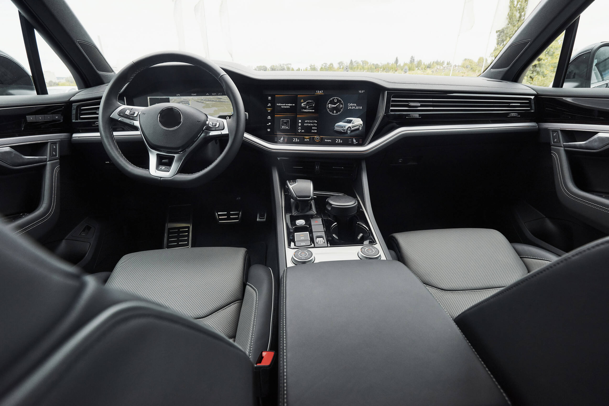 Interior prestigious modern black car leather comfortable seats accessories steering wheel